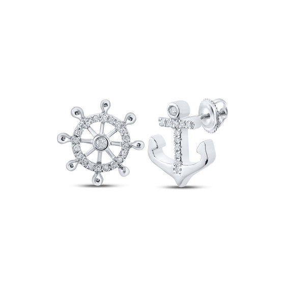 10k White Gold Womens Round Diamond Anchor Wheel Stud Earrings 1/10 Cttw