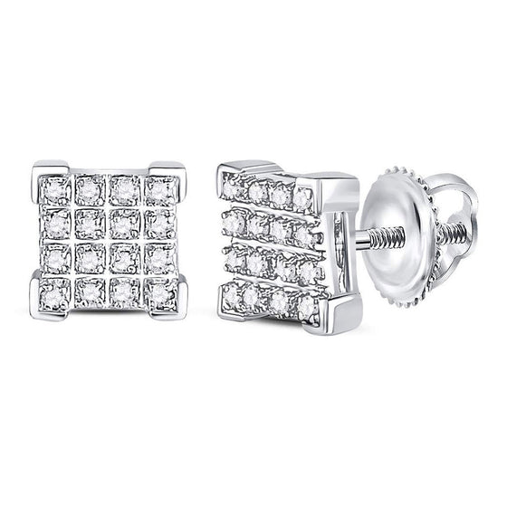 10k White Gold Round Diamond Square Cluster Earrings 1/10 Cttw