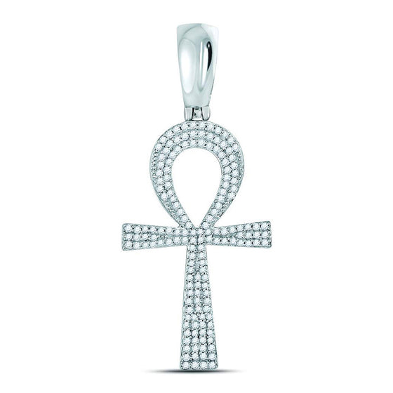 10k White Gold Mens Round Diamond Ankh Cross Charm Pendant 1/2 Cttw