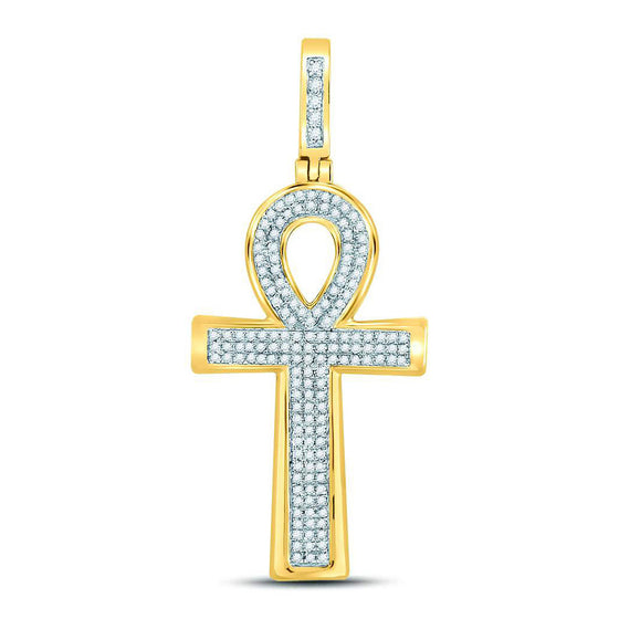 10k Yellow Gold Mens Round Diamond Ankh Cross Charm Pendant 1/3 Cttw