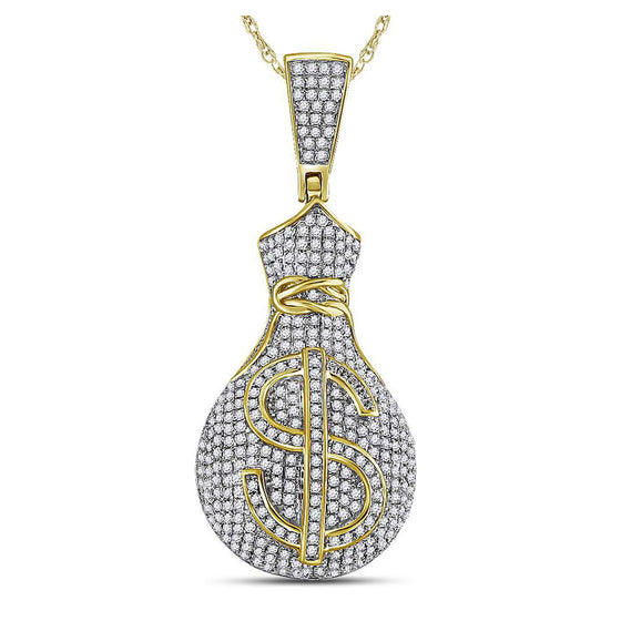 10k Yellow Gold Mens Round Diamond Money Bag Dollar Sign Charm Pendant 1 Cttw