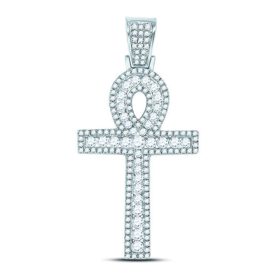 10k White Gold Mens Round Diamond Ankh Cross Charm Pendant 1 Cttw