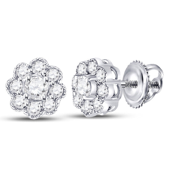 14k White Gold Womens Round Diamond Flower Cluster Earrings 1/4 Cttw