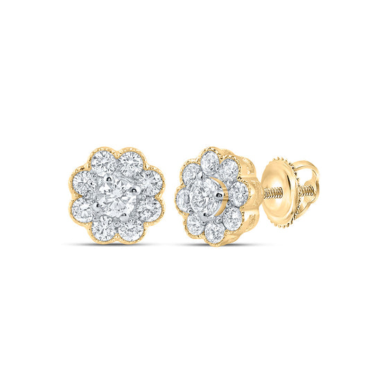 14k Yellow Gold Womens Round Diamond Flower Cluster Earrings 3/4 Cttw