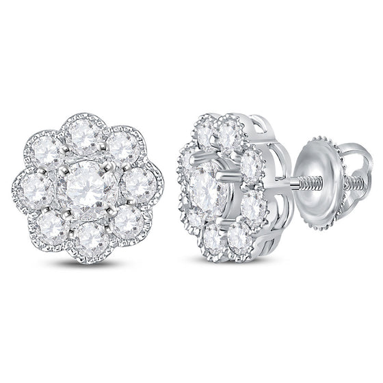 14k White Gold Womens Round Diamond Flower Cluster Stud Earrings 1 Cttw