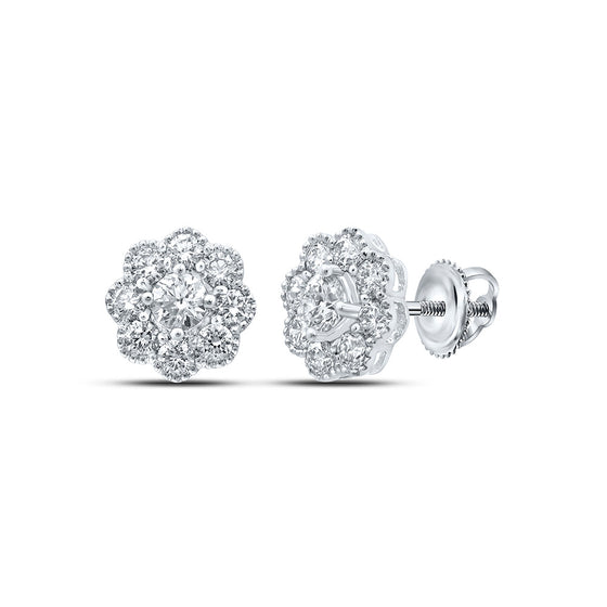 14k White Gold Womens Round Diamond Flower Cluster Earrings 1-1/2 Cttw