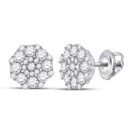 14k White Gold Womens Round Diamond Cluster Earrings 1-1/4 Cttw