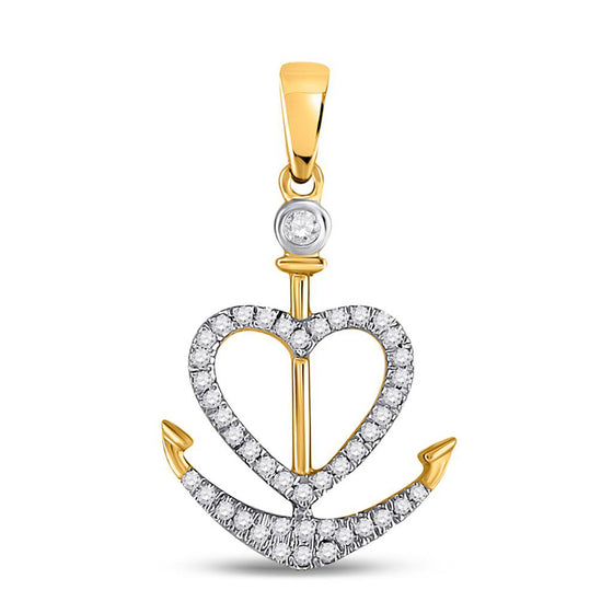 14k Yellow Gold Womens Round Diamond Anchor Heart Pendant 1/8 Cttw