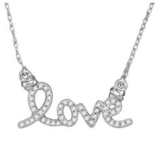  10k White Gold Womens Round Diamond Cursive Love Pendant Necklace 1/8 Cttw