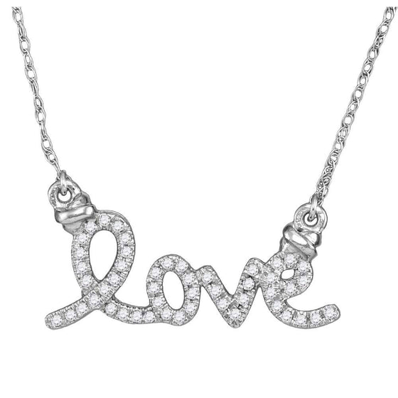 10k White Gold Womens Round Diamond Cursive Love Pendant Necklace 1/8 Cttw
