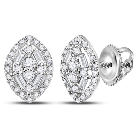 14k White Gold Womens Round Baguette Diamond Oval Cluster Earrings 1/3 Cttw
