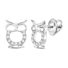  Sterling Silver Womens Round Diamond Owl Bird Animal Earrings 1/6 Cttw