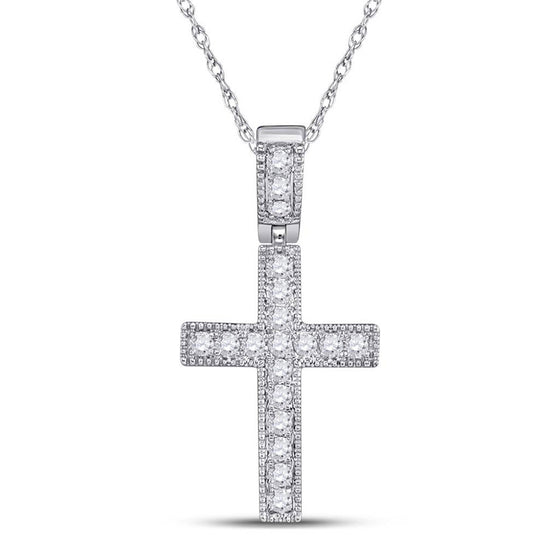 14k White Gold Womens Round Diamond Milgrain Cross Pendant 1/5 Cttw