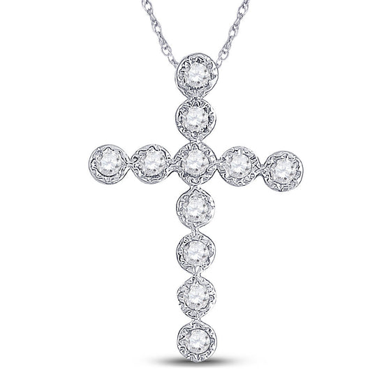 14k White Gold Womens Round Diamond Paternoster Cross Pendant 1/8 Cttw