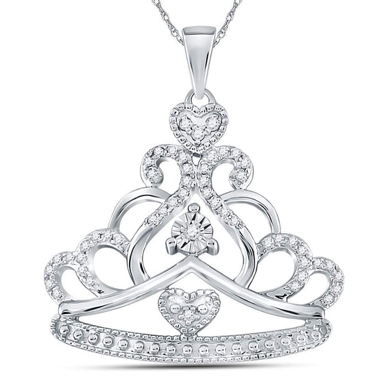 14k White Gold Womens Round Diamond Crown Tiara Fashion Pendant 1/6 Cttw