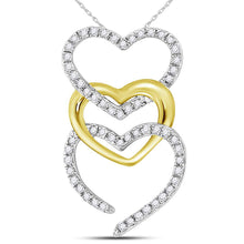  10k Two-tone Gold Womens Round Diamond Triple Vertical Heart Pendant 1/6 Cttw