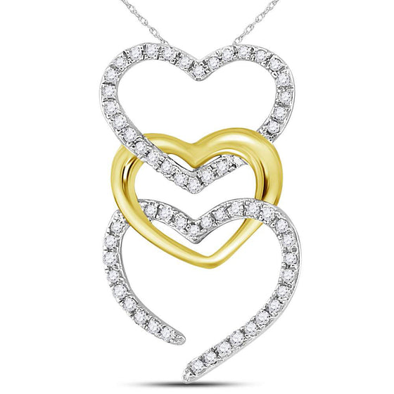 10k Two-tone Gold Womens Round Diamond Triple Vertical Heart Pendant 1/6 Cttw