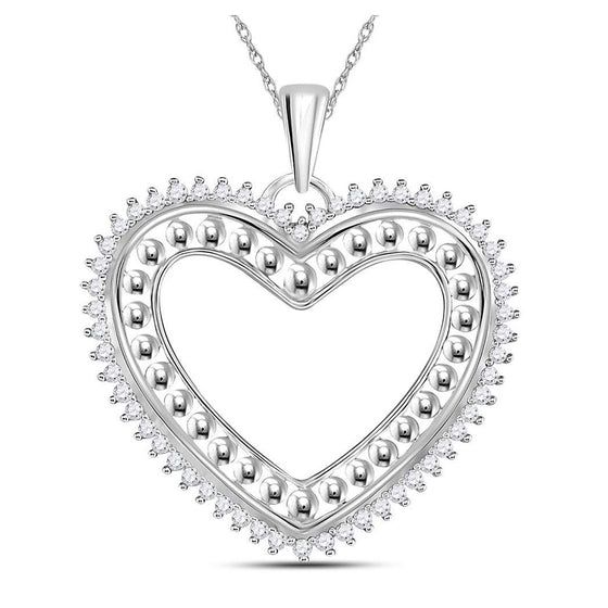 14k White Gold Womens Round Diamond Beaded Heart Pendant 1/4 Cttw