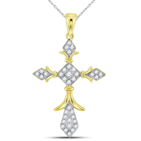 14k Yellow Gold Womens Round Diamond Fleur Cross Pendant 1/4 Cttw