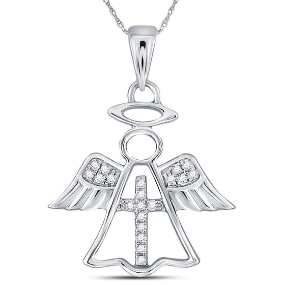 14k White Gold Womens Round Diamond Angel Cross Religious Pendant 1/20 Cttw