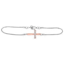  Sterling Silver Womens Round Diamond Sideways Cross Bracelet 1/20 Cttw