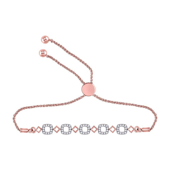 10k Rose Gold Womens Round Diamond Linked Squares Bolo Bracelet 1/4 Cttw
