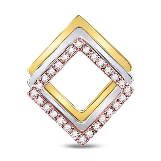 10k Tri-Tone Gold Womens Round Diamond Diagonal Square Fashion Pendant 1/6 Cttw