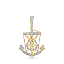  10k Yellow Gold Mens Round Diamond Anchor Jesus Cross Charm Pendant 1/2 Cttw