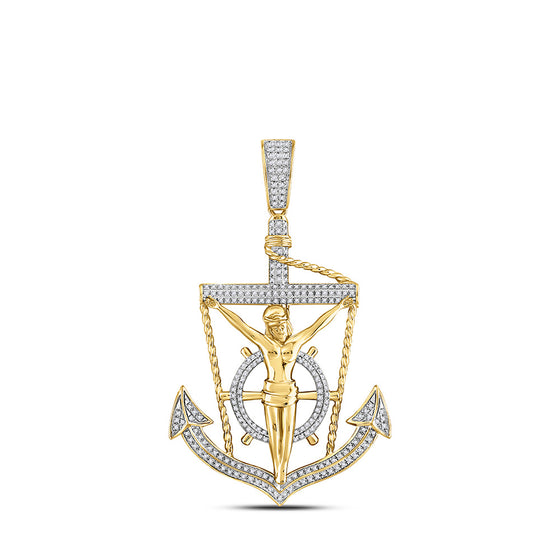 10k Yellow Gold Mens Round Diamond Anchor Jesus Cross Charm Pendant 1/2 Cttw