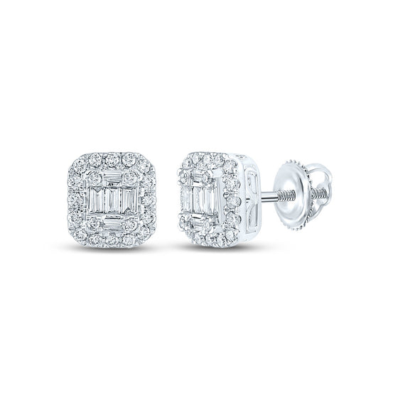 14k White Gold Womens Baguette Diamond Square Cluster Earrings 1/2 Cttw