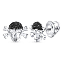  Sterling Silver Black Color Enhanced Diamond Pirate Skull Crossbones Earrings 1/10 Cttw