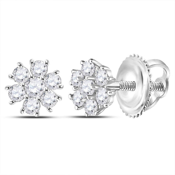 10k White Gold Womens Round Diamond Flower Cluster Burst Earrings 1/8 Cttw