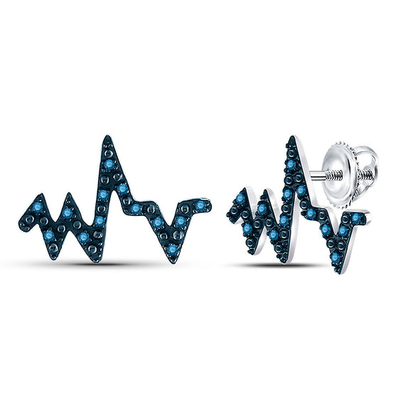 10k White Gold Womens Round Blue Color Enhanced Diamond Heartbeat Earrings 1/12 Cttw
