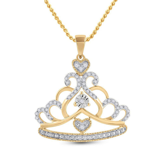 10k Yellow Gold Womens Round Diamond Crown Tiara Fashion Pendant 1/6 Cttw