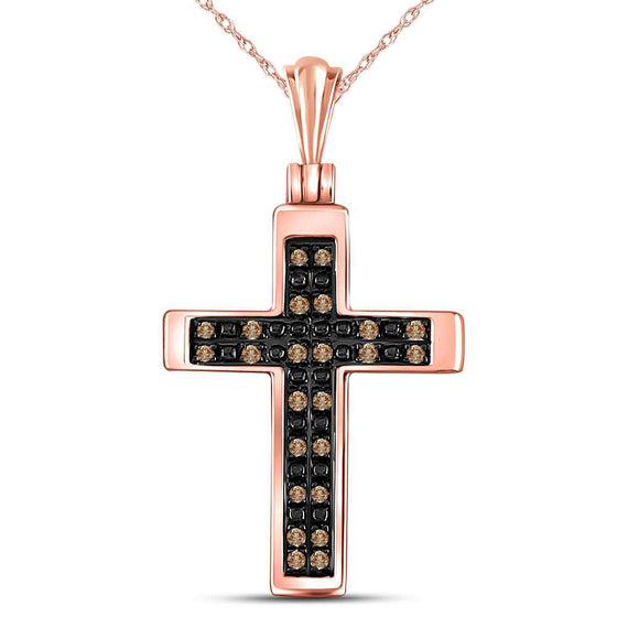 10k Rose Gold Womens Round Brown Diamond Cross Pendant 1/8 Cttw