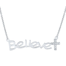  10k White Gold Womens Round Diamond Believe Cross Necklace 1/20 Cttw