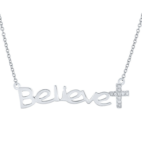 10k White Gold Womens Round Diamond Believe Cross Necklace 1/20 Cttw