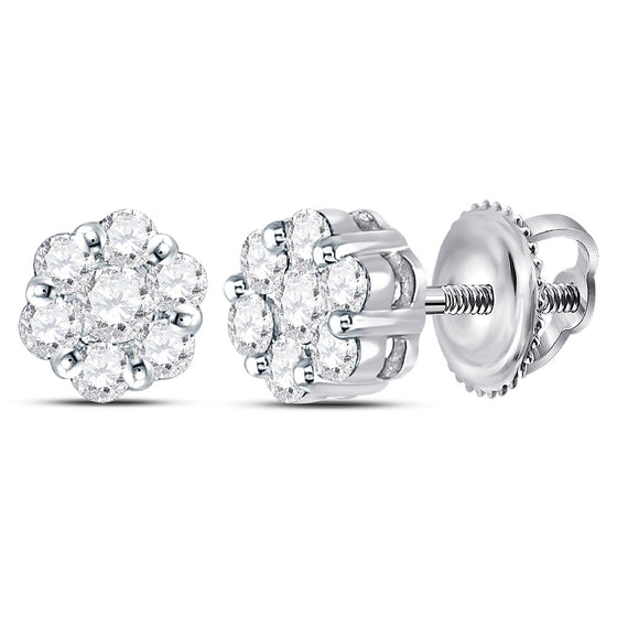 14k White Gold Womens Round Diamond Flower Cluster Earrings 3/4 Cttw