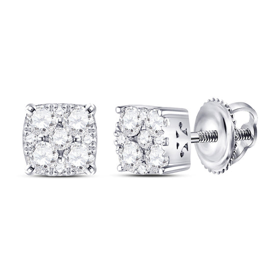 14k White Gold Womens Round Diamond Square Cluster Earrings 1/4 Cttw