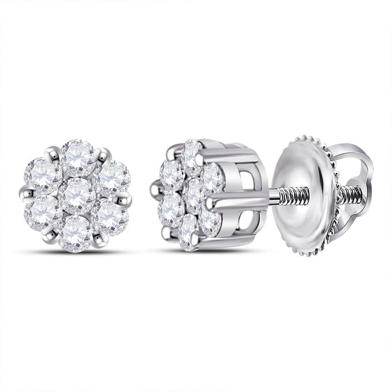 14k White Gold Womens Round Diamond Flower Cluster Earrings 1/4 Cttw