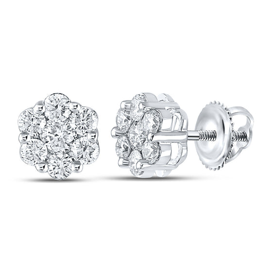 14k White Gold Womens Round Diamond Flower Cluster Earrings 7/8 Cttw