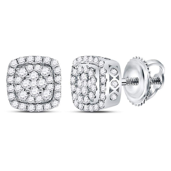 14k White Gold Womens Round Diamond Square Frame Cluster Earrings 1/2 Cttw