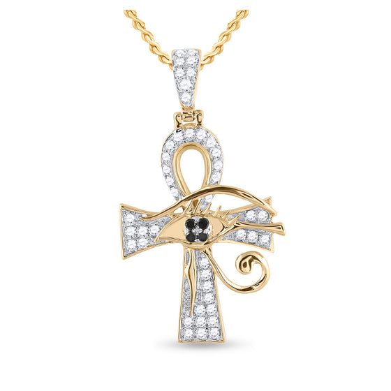 10k Yellow Gold Mens Round Black Color Enhanced Diamond Ankh Cross Charm Pendant 1/2 Cttw