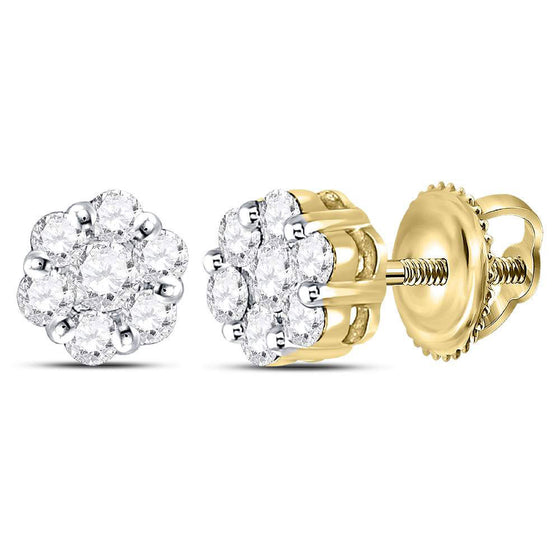 14k Yellow Gold Womens Round Diamond Flower Cluster Earrings 1/2 Cttw