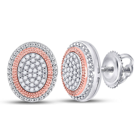 10k Two-tone Gold Womens Round Diamond Oval Cluster Earrings 1/6 Cttw