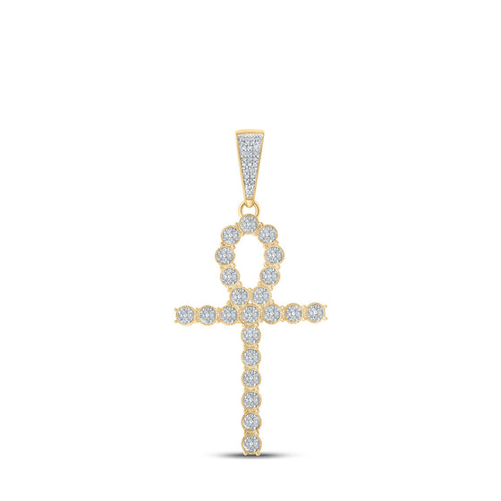 10k Yellow Gold Mens Round Diamond Ankh Cross Charm Pendant 5/8 Cttw