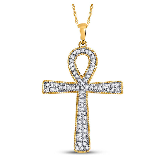 10k Yellow Gold Mens Round Diamond Ankh Cross Charm Pendant 1/6 Cttw