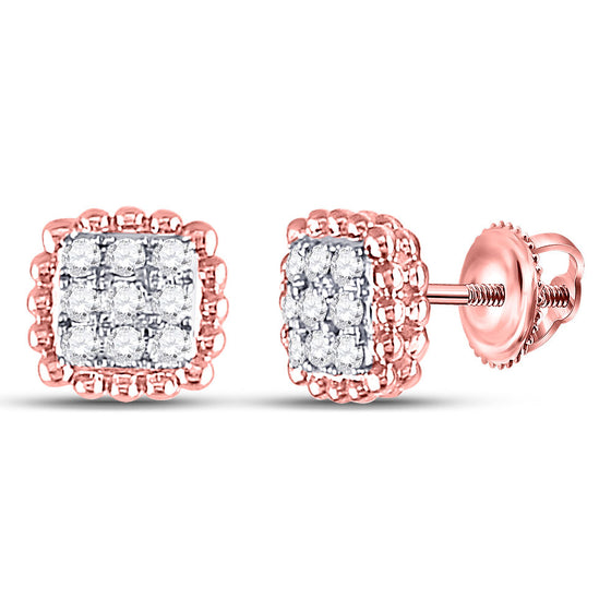 10k Rose Gold Womens Round Diamond Beaded Square Frame Cluster Earrings 1/4 Cttw