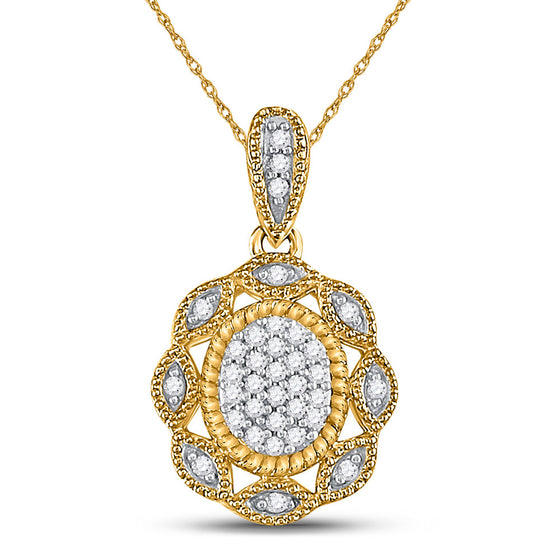 10k Yellow Gold Womens Round Diamond Oval Cluster Pendant 1/10 Cttw