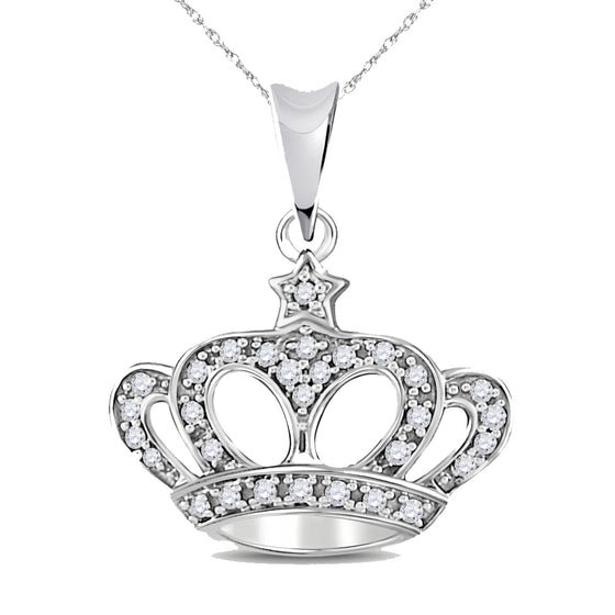 10k White Gold Womens Round Diamond Crown Pendant 1/8 Cttw